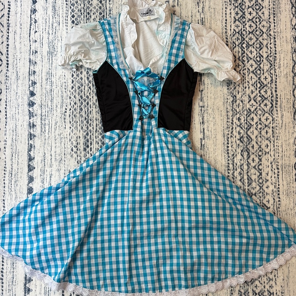 Oktoberfest Blue Gingham Kid or XS adult Costume Dress with Ruffled Blouse
